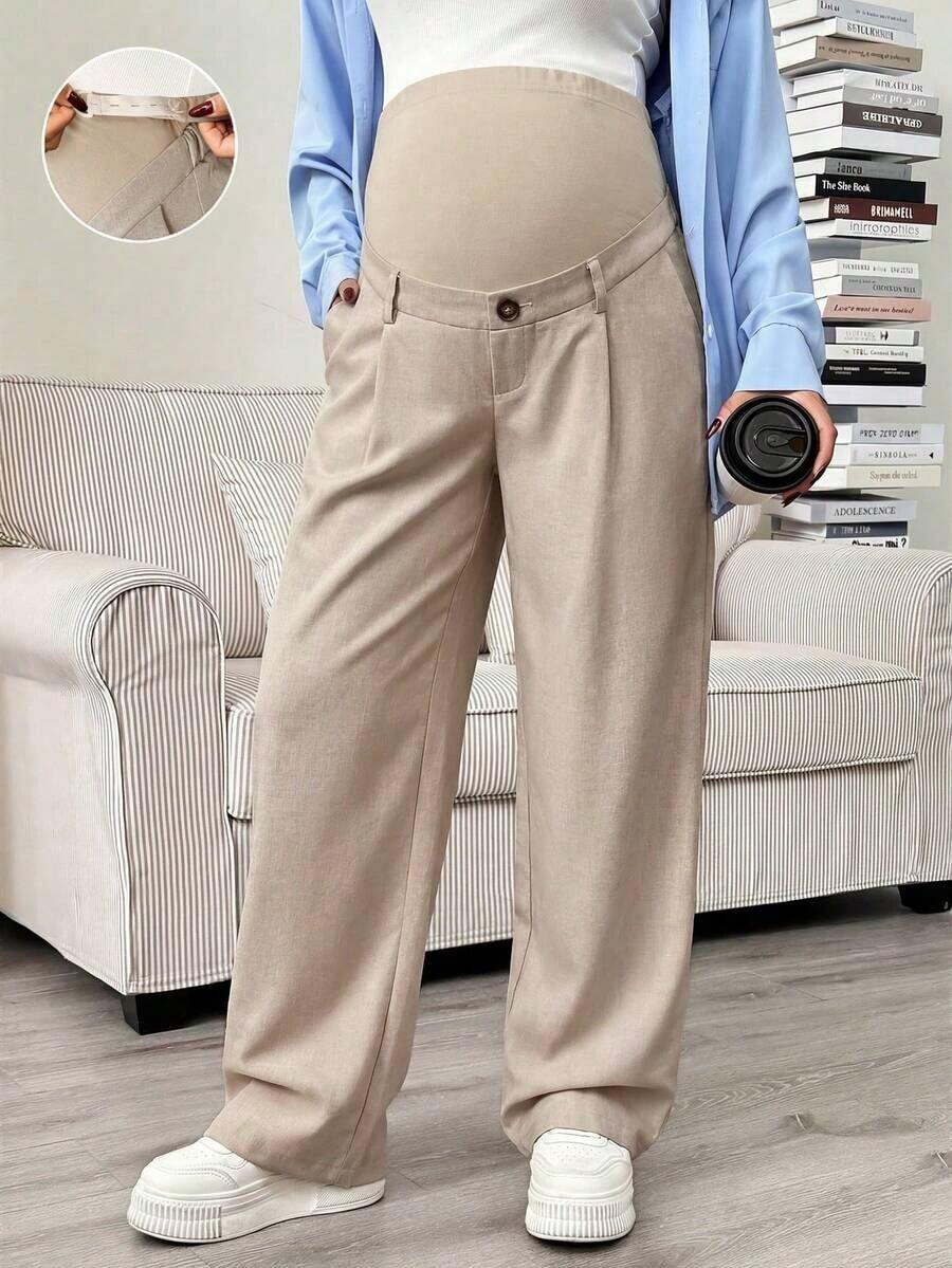 Pantalones rectos con bolsillo en diagonal, cintura ajustable, para maternidad - Caqui - Ver 1