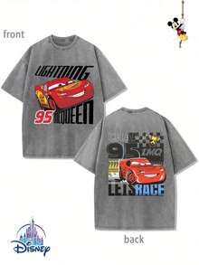 Men's Disney Washed Lightning McQueen Tee, Vintage Racing Print, Loose Fit, Premium Cotton. - Grey - View 1