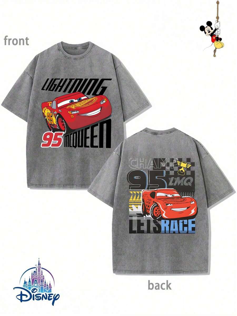 Men's Disney Washed Lightning McQueen Tee, Vintage Racing Print, Loose Fit, Premium Cotton. - Grey - View 1