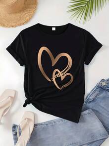 Camiseta Casual de Manga Corta para Mujer, Color Naranja con Estampado de Doble Corazón, Ligera y de Cuello Redondo para Verano - Negro - Ver 6