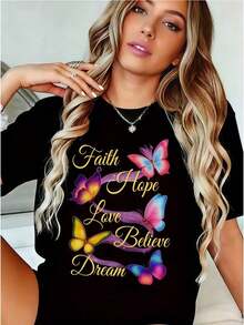 Women's Clothing: Women's T-Shirt With "Butterfly" Print | Casual Loose Fit, Short Sleeves, Round Neck, Medium Stretch, Vibrant Butterfly And Flower Print Design, Fashionable T-Shirt For Spring, Summer, And Autumn, Butterfly Shirt, Pure Cotton Printed Short-Sleeve Top, Round Neck, Stretchy Fabric, Fashionable Top For Spring/Summer, An Ideal Gift For Mothers And Women. Women's Shirts - 黑色 - 查看 6
