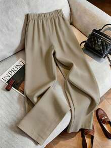 Pantalones anchos de mujer con pliegues y botones a rayas, versátiles para uso diario - Caqui - Ver 2