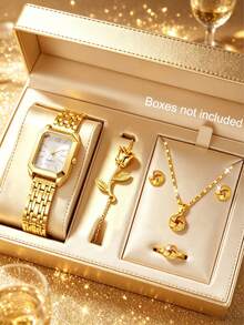 One Teen Quartz Watch With Zinc Alloy Strap Paired With An Exquisite 5-Piece Accessory Set, Versatile For Casual Daily Looks. - Gold - View 9