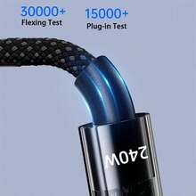240W Type-C Fast Charging Data Cable, USB Nylon Braided LED Illuminated - Black - View 3