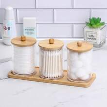 Tbestmax 10 Oz Cotton Swab/Ball/Pad Holder With Vanity Tray, Qtip Apothecary Jar, Bathroom Containers Dispenser Storage 3 Pack Wood Lids - Three-piece Set + Tray - View 5