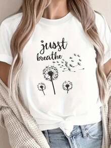 Oferta por tiempo limitado, compra limitada, flash oferta,blusas para dama casuales,poleras mujer,playeras de mujer>algodon,blusas>elegante,Camiseta con estampado de diente de león, camiseta informal de manga corta y cuello redondo para primavera y verano, ropa de mujer. Blusas Bonito 100% Algodón - Blanco - Ver 8