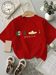 Blusas de manga corta para mujer, camiseta de algodón suave con diseño de bandera de México, cactus y sombrero, regalo para amantes de los viajes, Día de San Valentín, atuendo, vestidos de mujer a la moda para verano, casual, perfecto para todas las estaciones, S M L XL, gimnasio, y2k, cuello redondo, algodón, tejido suave, manga corta, 100% algodón. - Rojo - Ver 7