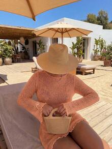 Vestido de cárdigan de punto corto con cuello redondo y manga larga, calado en rosa.Vestido de punto elegante, casual y cómodo para mujer, ideal para primavera/verano, para usar en la playa, resort, fiestas de traje de baño o vacaciones.Diseño minimalista de unicolor y falda corta. - Naranja - Ver 7