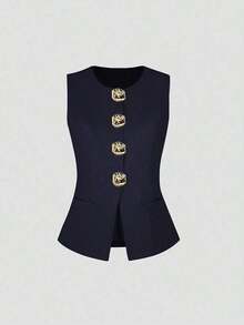 delgado sin mangas para mujer con botones metálicos grandes de estilo minimalista francés - Azul marino - Ver 1