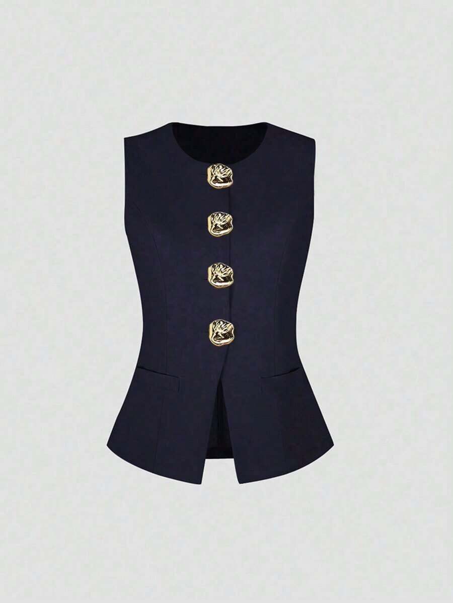 delgado sin mangas para mujer con botones metálicos grandes de estilo minimalista francés - Azul marino - Ver 1