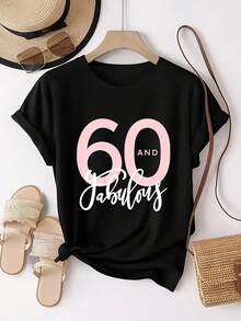Camiseta de manga corta y cuello redondo para mujer, con una impresión personaliz que e '60 y Fabulosa', perfectara el uso diario y que combina comodidad y estilo - Negro - Ver 2