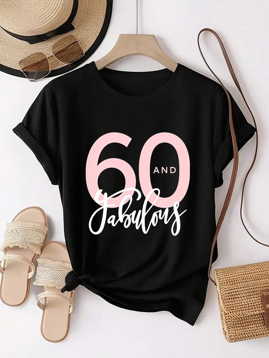 Camiseta de manga corta y cuello redondo para mujer, con una impresión personaliz que e '60 y Fabulosa', perfectara el uso diario y que combina comodidad y estilo