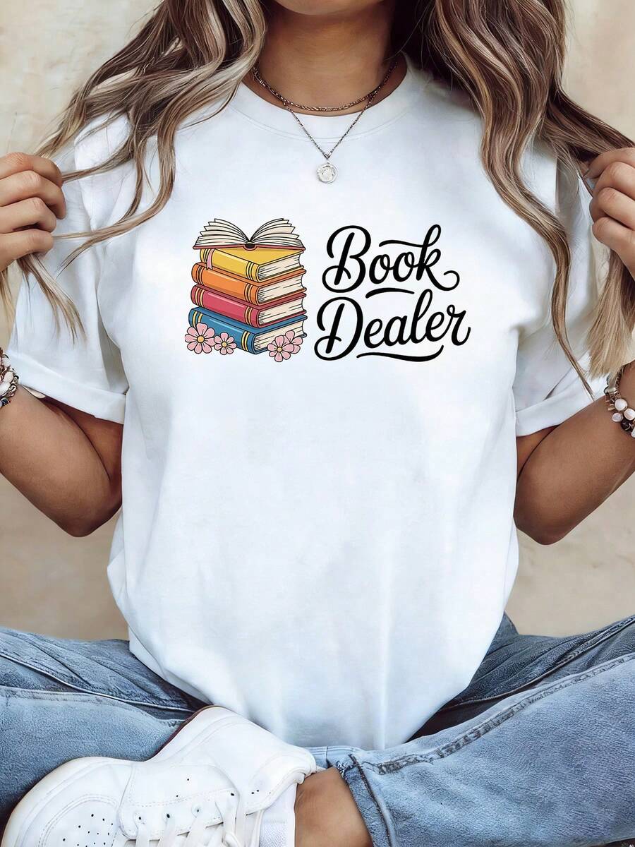 Size - Size - Women's T-Shirt With Graphic Bookseller Print, Casual Short Sleeve Crew Neck Top For Summer And Spring, Women's Clothing - 白色 - 查看 1