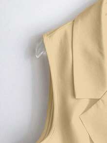 Blazer blanco ajustado de línea A con cuello en V francés, elegante, con lazo y botones sin mangas para mujer, para primavera/verano - Caqui - Ver 4