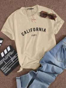 Playera camiseta básica mujer dama cuello redondo manga corta estampado GRAFICO DE CIUDAD CALIFORNIA 1991 GRAPHIC parte superior elástica de poliéster primavera/verano uso diario |   material no transparente |   Textura Suave FortizPure-Cotton - Albaricoque - Ver 4