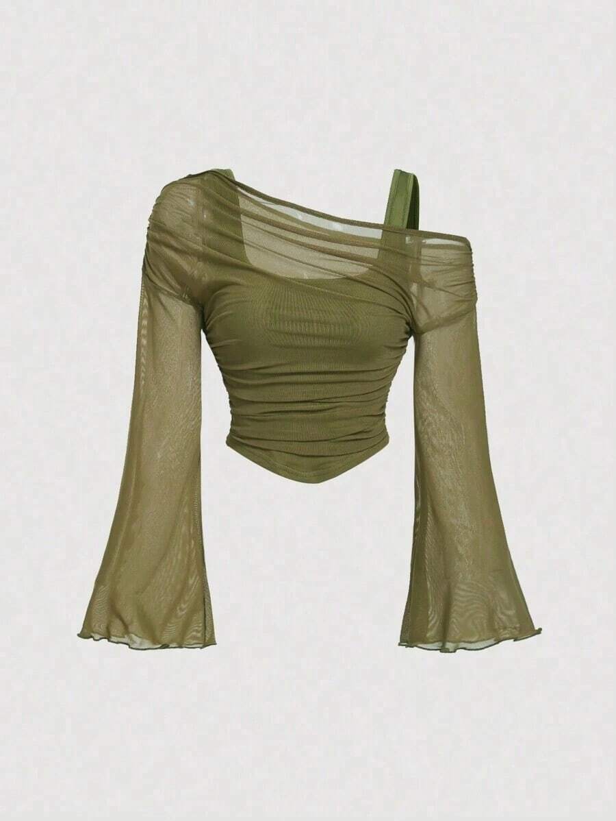 Top de mujer manga trompeta de 2 en 1 con hombros descubiertos de malla color albaricoque, estilo occidental, vintage, 70s, The Bachelorette - Verde militar - Ver 1