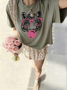 Green Short-Sleeved T-Shirt With A Round Neck, Loose And Versatile Style, With A Tiger Mouth And Bubble Print, Minimalist Summer Fashion For Women, Suitable For Everyday Wear And Holidays - 草綠色 - 查看 5