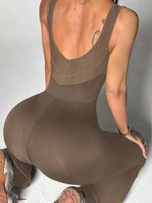 Mono de mujer negro de ropa deportiva, diseño de cintura alta, cuello en U y espalda en U, adecuado para uso diario casual, gimnasio, yoga, correr, primavera/verano - Caqui - Ver 6