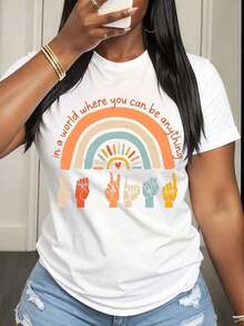 Women's Short-Sleeved T-Shirt With A Graphic Print Of Rainbow Hands And Diversity In A World Where You Can Be Anything, For Everyday Casual Wear. Blouse, Shirt > Beautiful. - 白色 - 查看 1