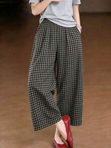 Women's Casual Fashion Plaid Wide Leg Cropped Pants, With Vintage Pockets, Suitable For Daily Spring And Autumn Wear - Grey - View 4