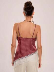 Top de tirantes asimétrico con bajo cruzado de encaje, espalda descubierta con tirantes exquisitos, top tipo camisola con parche en el pecho estilo Kendall 2026 para mujer, elegante para usar en primavera y otoño, color marrón, apropiado para ofici - Burdeos - Ver 2