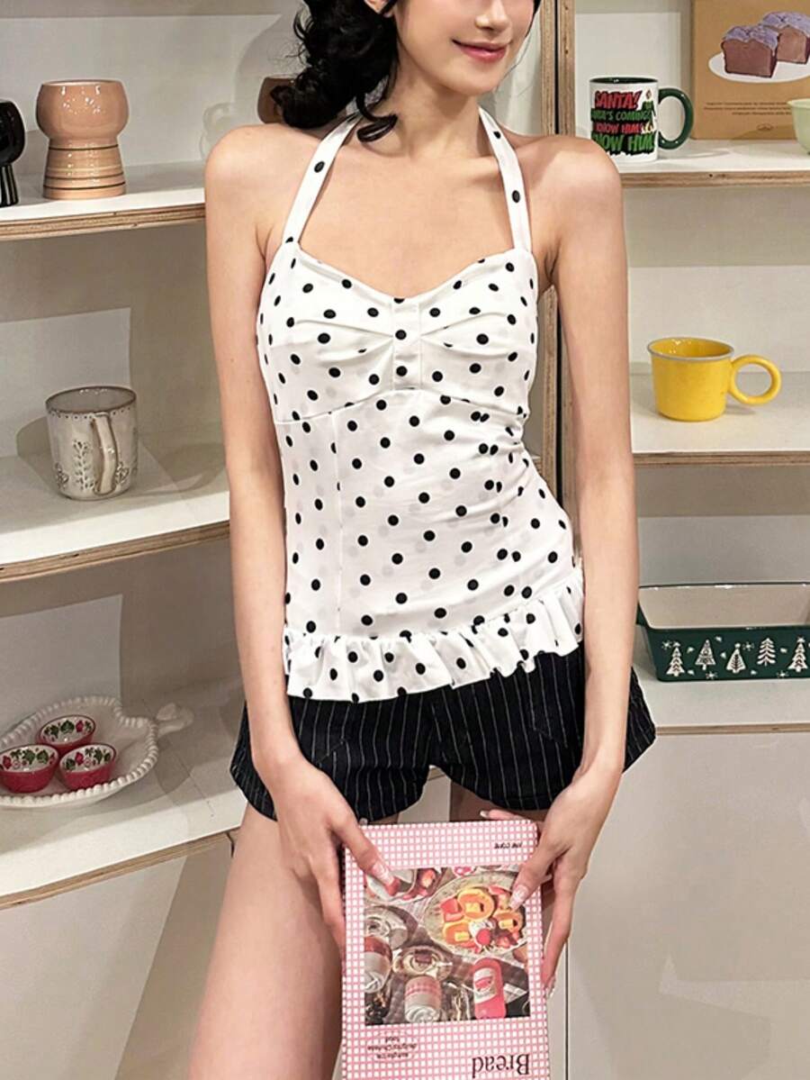 YeonC 女士波点露背吊带背心,荷叶边装饰,休闲校园风短款上衣,浪漫度假风女式吊带背心 - 白色 - 查看 1