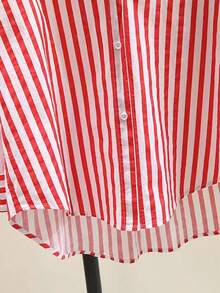 Camisa de manga larga casual con bolsillo en el pecho y estampado de rayas para mujeres, otoño e invierno - Rojo - Ver 3