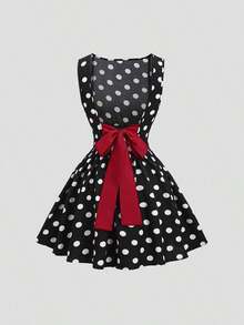 Vestido casual de mujer con cuello de barco, sin mangas, con estampado de cuadros, espalda descubierta, contraste de color, lazo en la cintura y silueta evasé, para primavera/verano - Negro - Ver 1