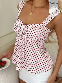Nueva Colección Primavera/Verano 2026 para Mujer: Blusa/Top sin Mangas con Volantes y Cordón Ajustable, Estampado de Lunares Amarillo Buttercup y Marrón, Estilo Casual y Versátil, Top de Verano - Rojo y blanco - Ver 3
