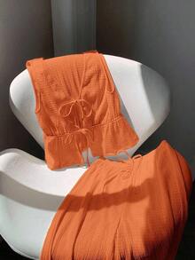 Conjunto de 2 piezas casual para mujer con top de cuello en V y pantalones en punto liso negro - Naranja - Ver 5
