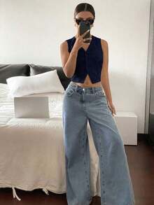 Top sin mangas blanco puro con bordado, de estilo "Old Money", casual y lindo para verano, para salir - Azul marino - Ver 4