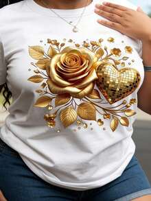 Women's T-Shirt 100% Cotton Retro Bright Yellow With Gold And Pink Heart Print, Short Sleeve, Round Neck, Gold Leaf Design, Machine Washable, For Valentine's Day, Spring And Summer. - White - View 6
