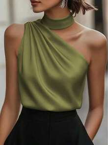 1 pieza Blusa elegante sin mangas de satén de unicolor con volantes asimétricos/asimétricos, adecuada para verano, vacaciones, oficina, hogar, uso diario, fiesta de cumpleaños, eventos formales y casuales - Verde militar - Ver 6