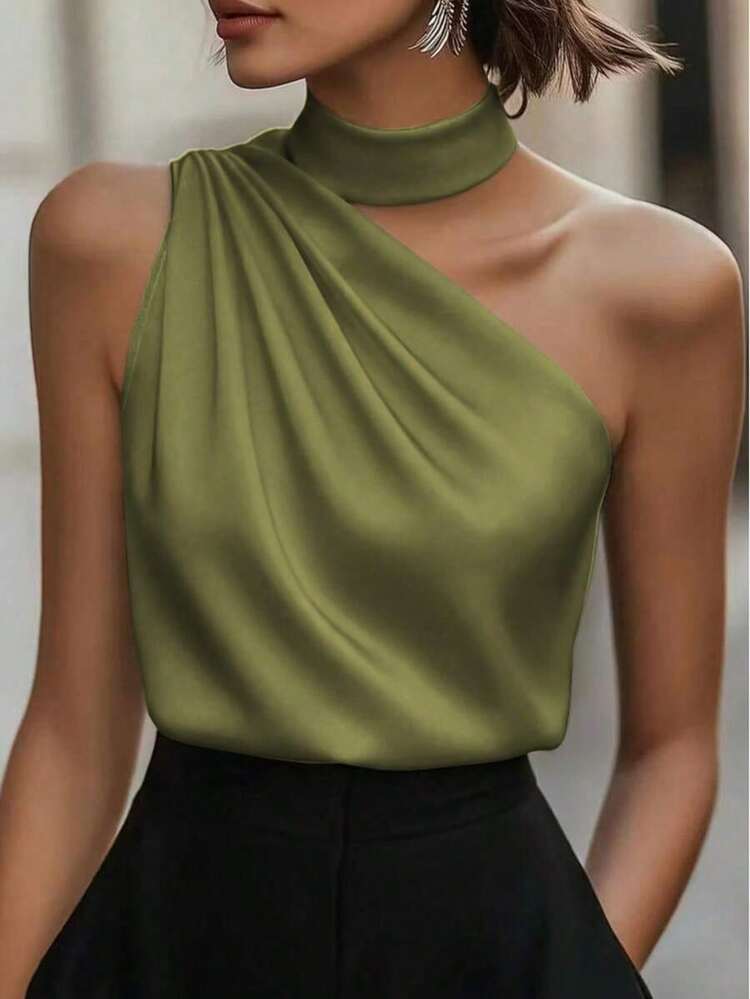1 pieza Blusa elegante sin mangas de satén de unicolor con volantes asimétricos/asimétricos, adecuada para verano, vacaciones, oficina, hogar, uso diario, fiesta de cumpleaños, eventos formales y casuales - Verde militar - Añade 6