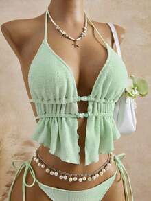 Bellisia Top de bikini de mujer de punto texturizado marrón con cuentas y piedras - verde menta - Ver 6