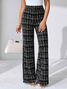 Pantalones elásticos de punto con estampado de cuadros elegantes para mujer, adecuados para varias ocasiones, como vacaciones de verano, viajes elegantes y uso diario - Blanco y Negro - Ver 6