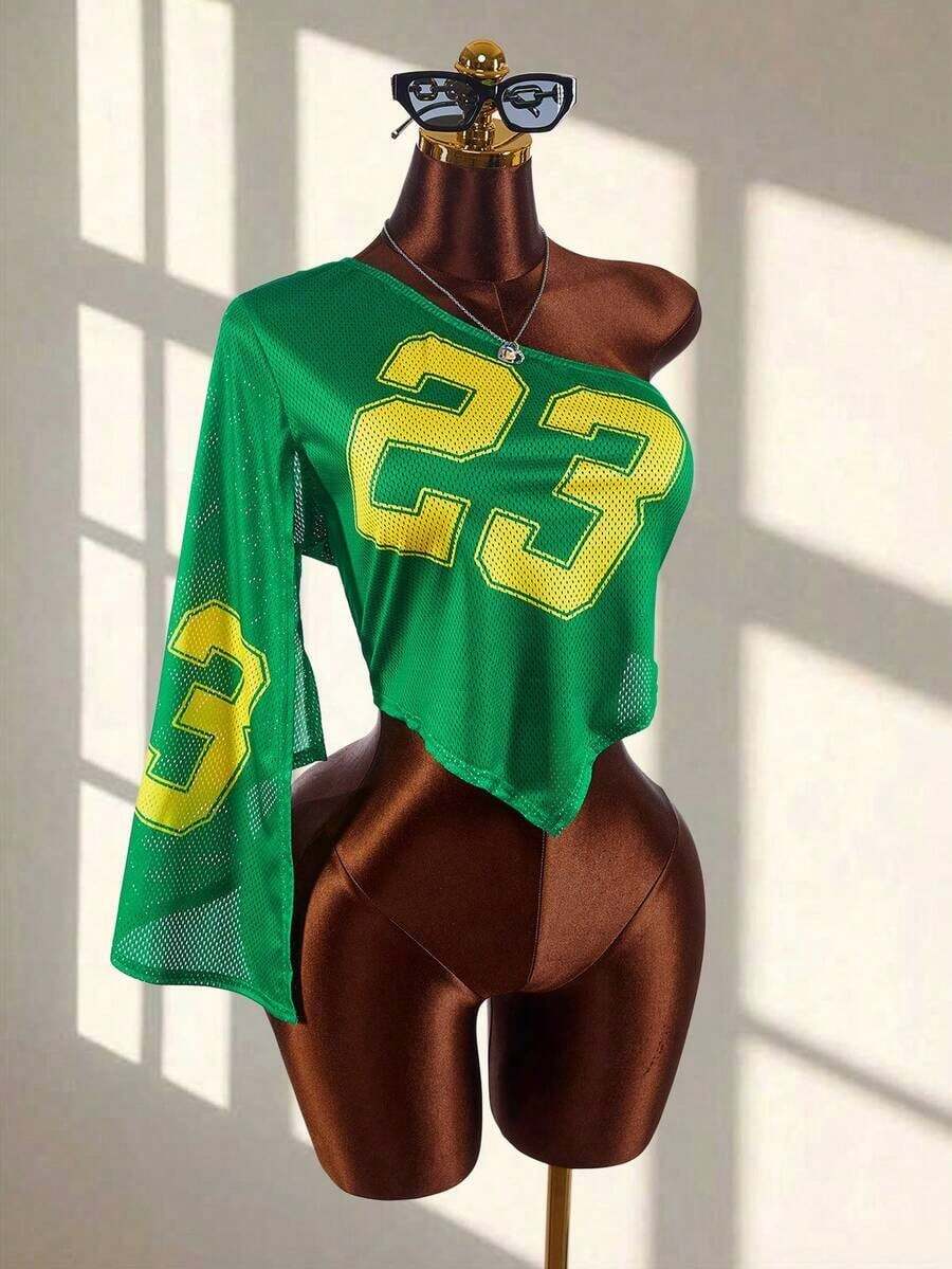 Top sin mangas de estilo callejero para mujer con hombros de malla y recortes, transparente y sexy - Verde militar - Ver 1