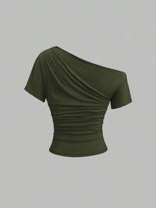 Nueva camiseta casual de primavera/verano para mujer, de estilo elegante y chic de la calle, con hombro asimétrico, ajuste delgado, deportiva, versátil y cómoda - Verde - Ver 2
