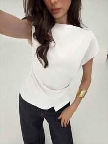 Blusa de oficina para mujer con cuello de barco, mangas cortas y corte cropped en color beige - Blanco - Ver 5