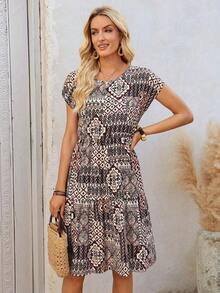 Vestido midi de mujer de manga corta y manga de murciélago con estampado floral, para verano - Multicolor - Ver 3