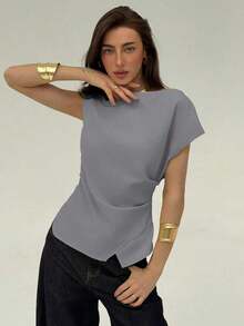 Blusa de oficina para mujer con cuello de barco, mangas cortas y corte cropped en color beige - Gris Claro - Ver 3