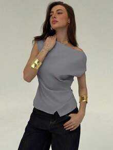 Blusa de oficina para mujer con cuello de barco, mangas cortas y corte cropped en color beige - Gris Claro - Ver 8