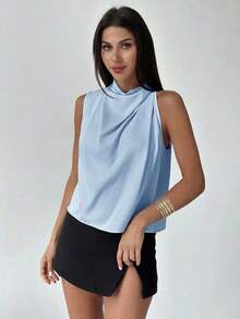 Camisa de color albaricoque con detalle asimétrico de volantes elegante para mujer, a la moda para el trayecto al trabajo, la oficina, el uso diario, las vacaciones y los festivales de música, primavera/verano - Azul - Ver 7