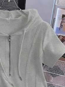Camiseta con capucha y cremallera asimétrica de manga corta, nueva diseño de top casual para primavera/verano - Gris - Ver 4