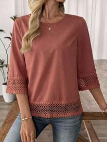 Blusa blanca elegante de talla grande para mujer con adorno de encaje a crochet, de longitud regular para primavera - Rojo ladrillo - Ver 4
