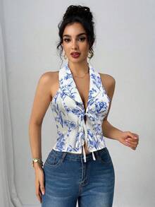 camisa sin mangas para ir al trabajo y de vacaciones con cuello vuelto, lazo y estampado floral 3D, color azul - Azul - Ver 4
