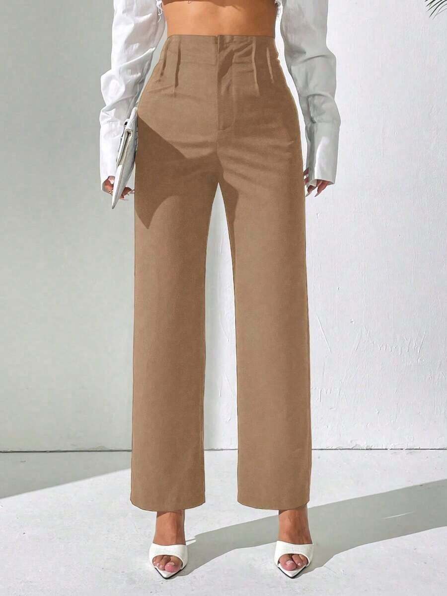 Pantalones rectos de cintura alta de unicolor casual para mujer - Caqui - Ver 1