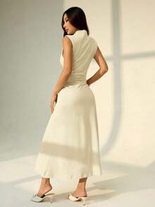 Vestido maxi de línea A con cuello mao, sin mangas, fruncido, color blanco, nuevo para el Día de San Valentín.Elegante y romántico atuendo para citas y trabajo, vestidos de verano para mujer - Amarillo claro - Ver 2
