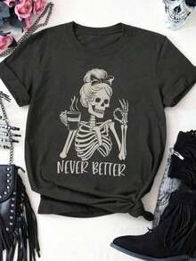 Fashionable Plus Size Women's T-Shirt With Coffee Skull Letter Slogan, Round Neck And Short Sleeve. - 深灰色 2 - 查看 3