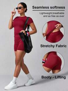 Conjunto deportivo de verano para mujer de unicolor simple con pantalón corto y manga corta - Burdeos - Ver 9